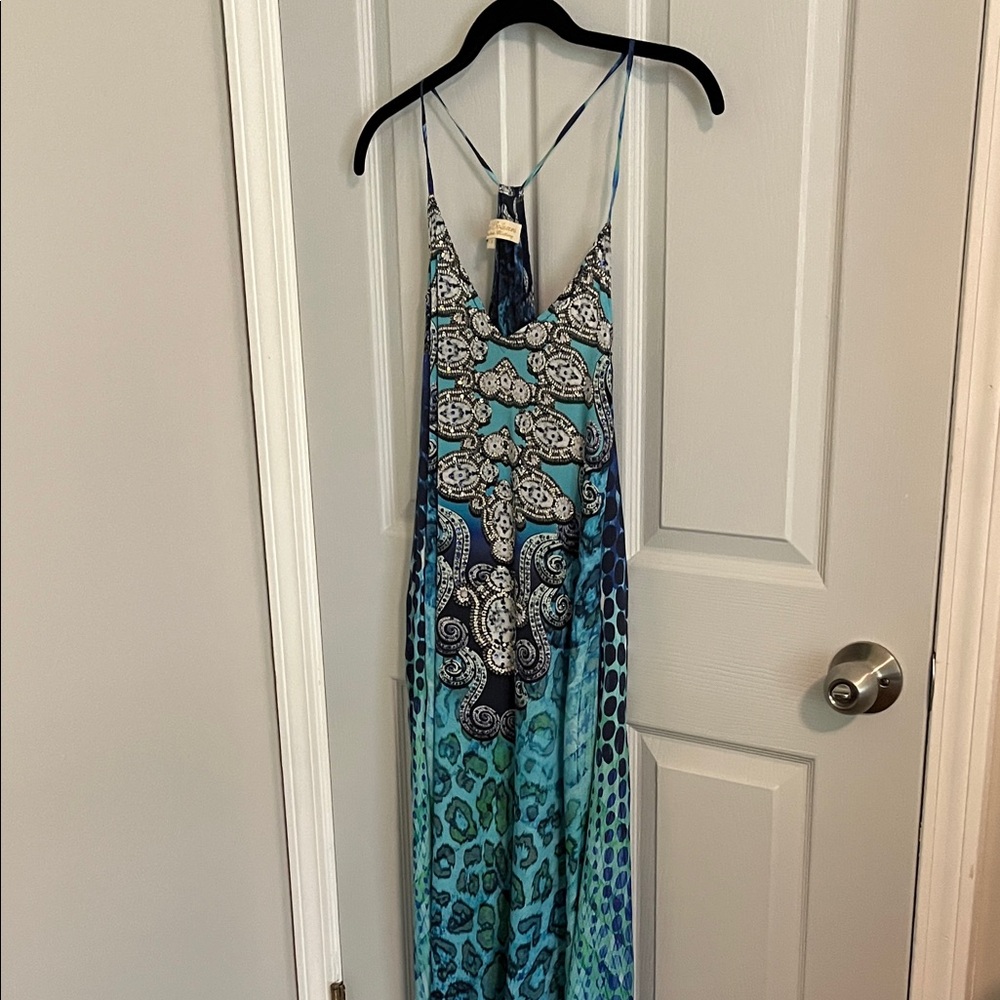 True Colours by La Moda Elegant Blue and Green Maxi Dress